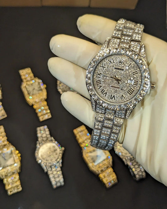 Rolex iced out Silver Date just BUST DOWN (HIGH GRADE)